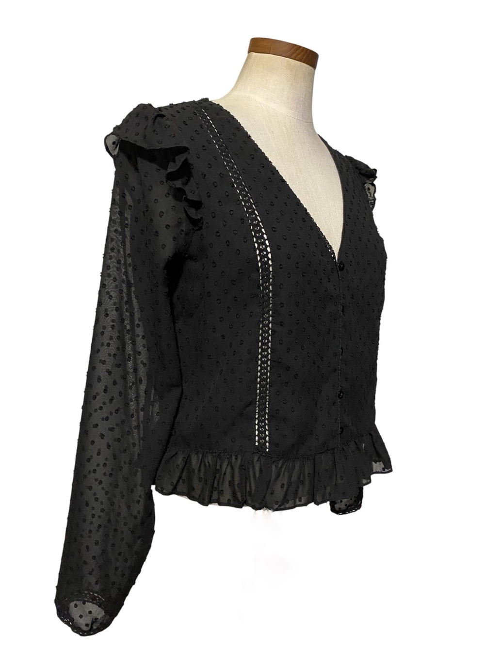 Zara Black Swiss Dot Long Sleeve Ruffle Blouse M Romantic Boho